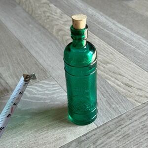 Turquoise Glass Bottle with Cork Stopper Embossed Design‎ Vintage Deco